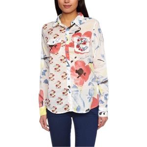 Desigual Floral Size Small White Button Down Long Sleeve